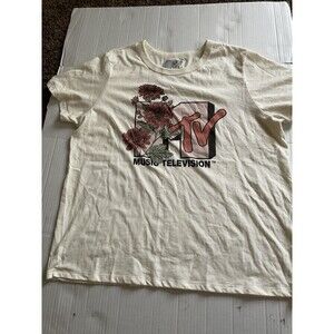 MTV Graphic T-Shirt Women’s XL White Floral Logo Short Sleeve Crew Neck